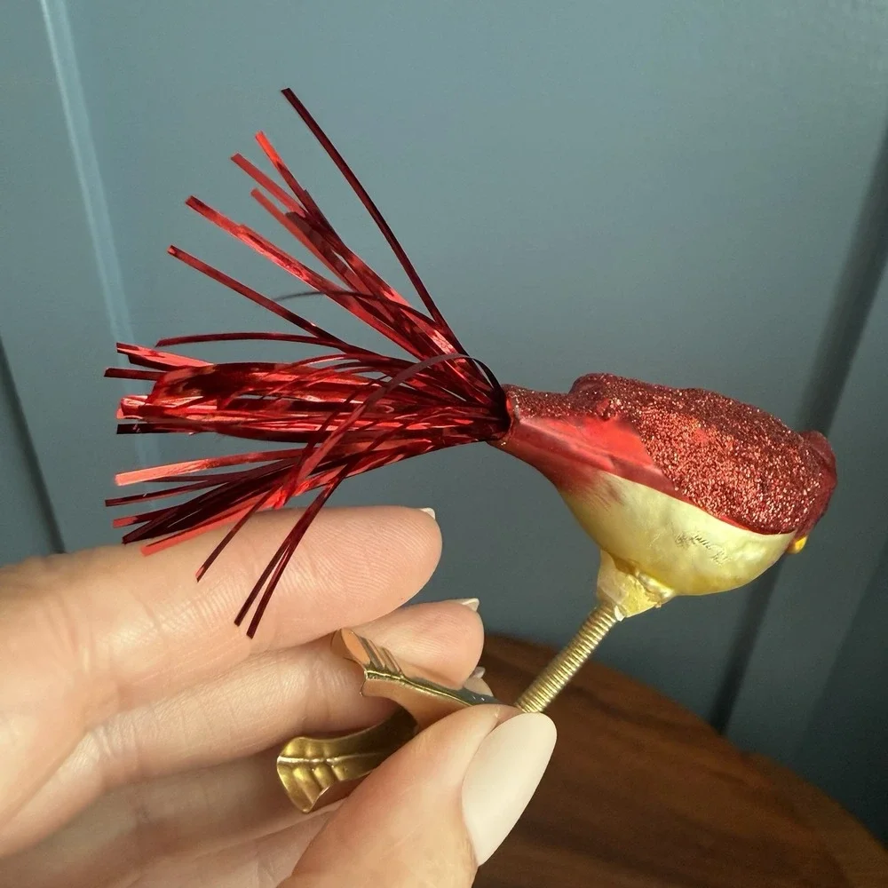 Vintage Glass‎ Clip On Bird Ornaments 2 Cardinal Tinsel Tail Glitter German F/W